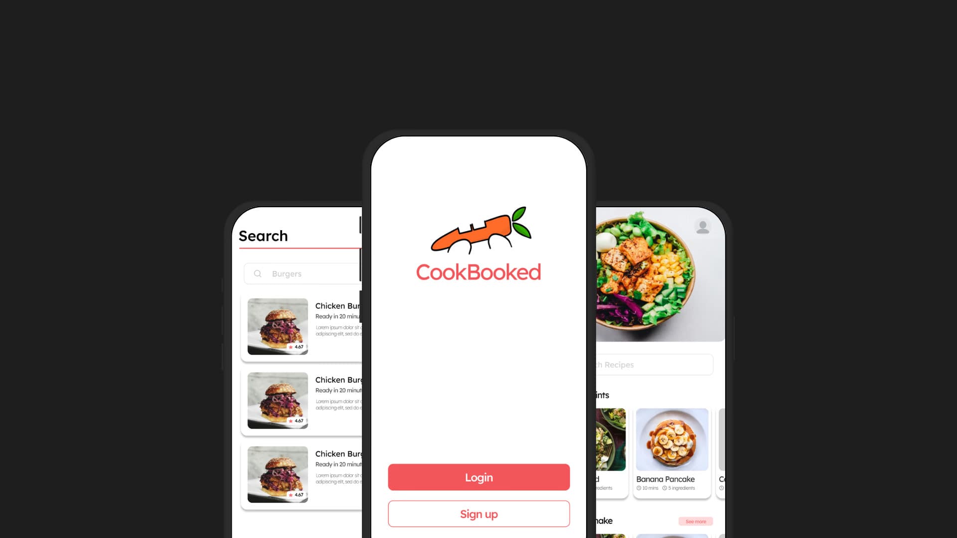 Cookbooked mobile app interface showing recipe search, login, and meal features