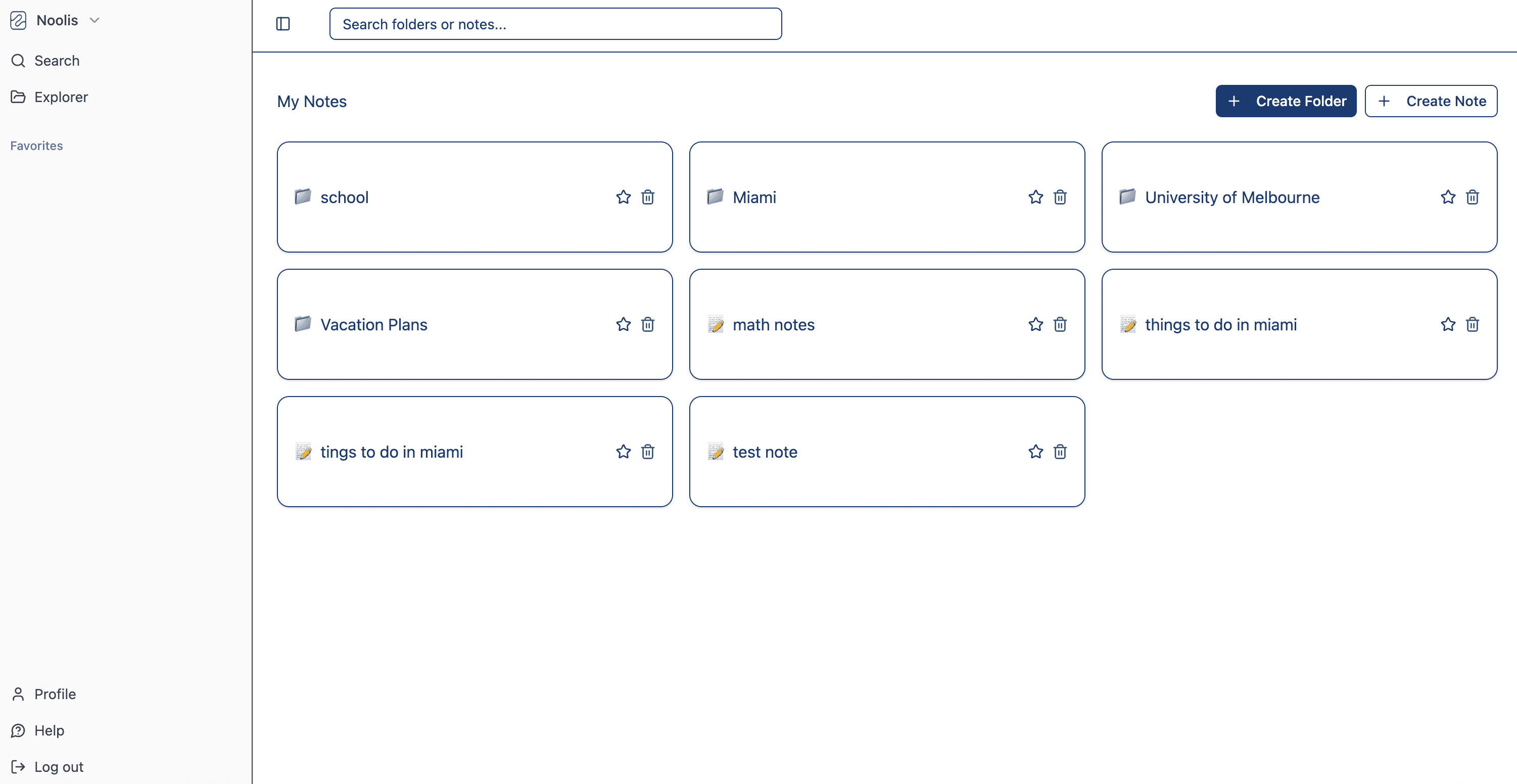 Dashboard explorer view for organizing notes and folders